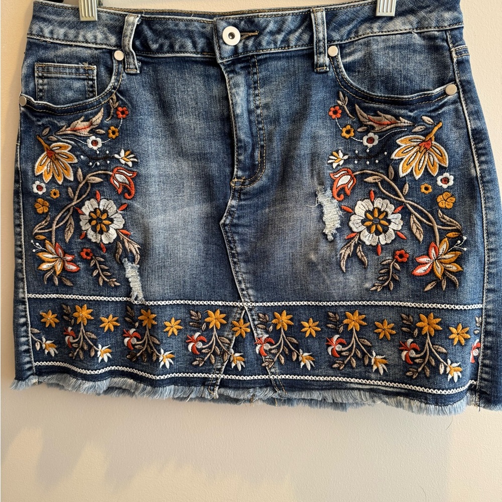 Embroidered Blue Denim Mini Skirt - Floral Detail